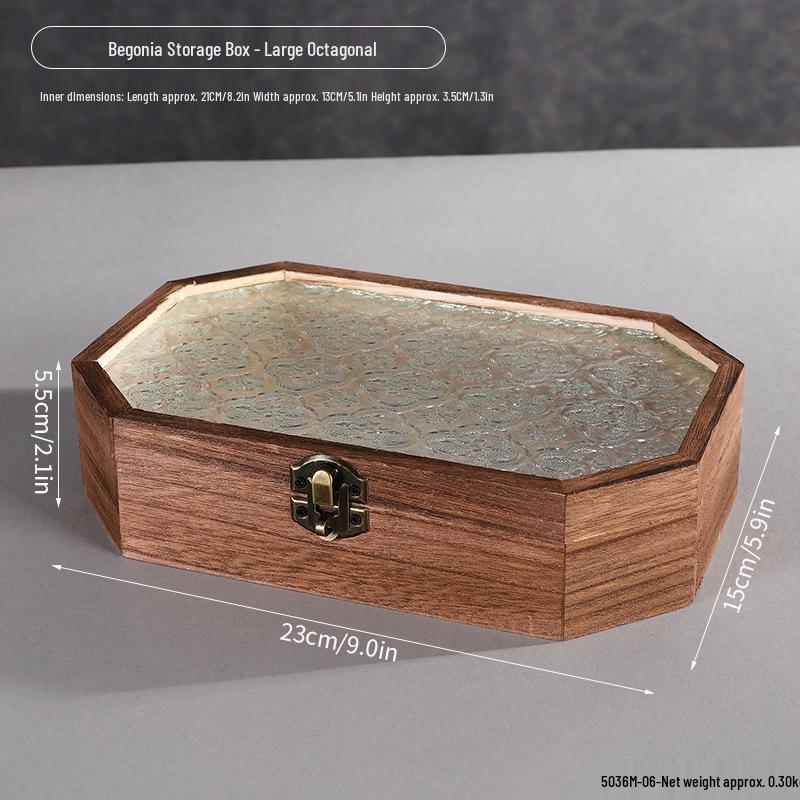 Retro Begonia Glass Lid Wooden Storage Box for Cosmetics, Snacks, Candy, and Documents - Dustproof and Multifunctional