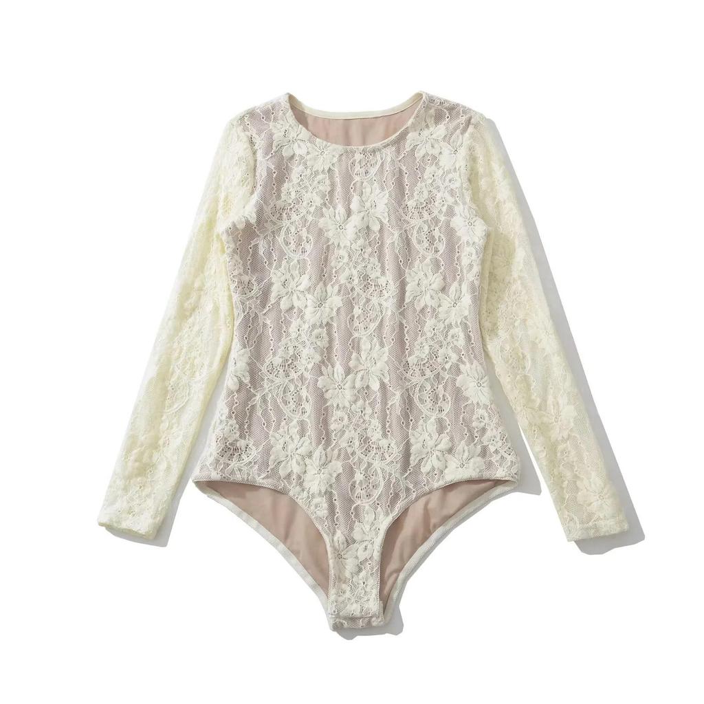 Crocheted Mesh Lace Bodysuit - Slimming Long Sleeve Round Neck Top