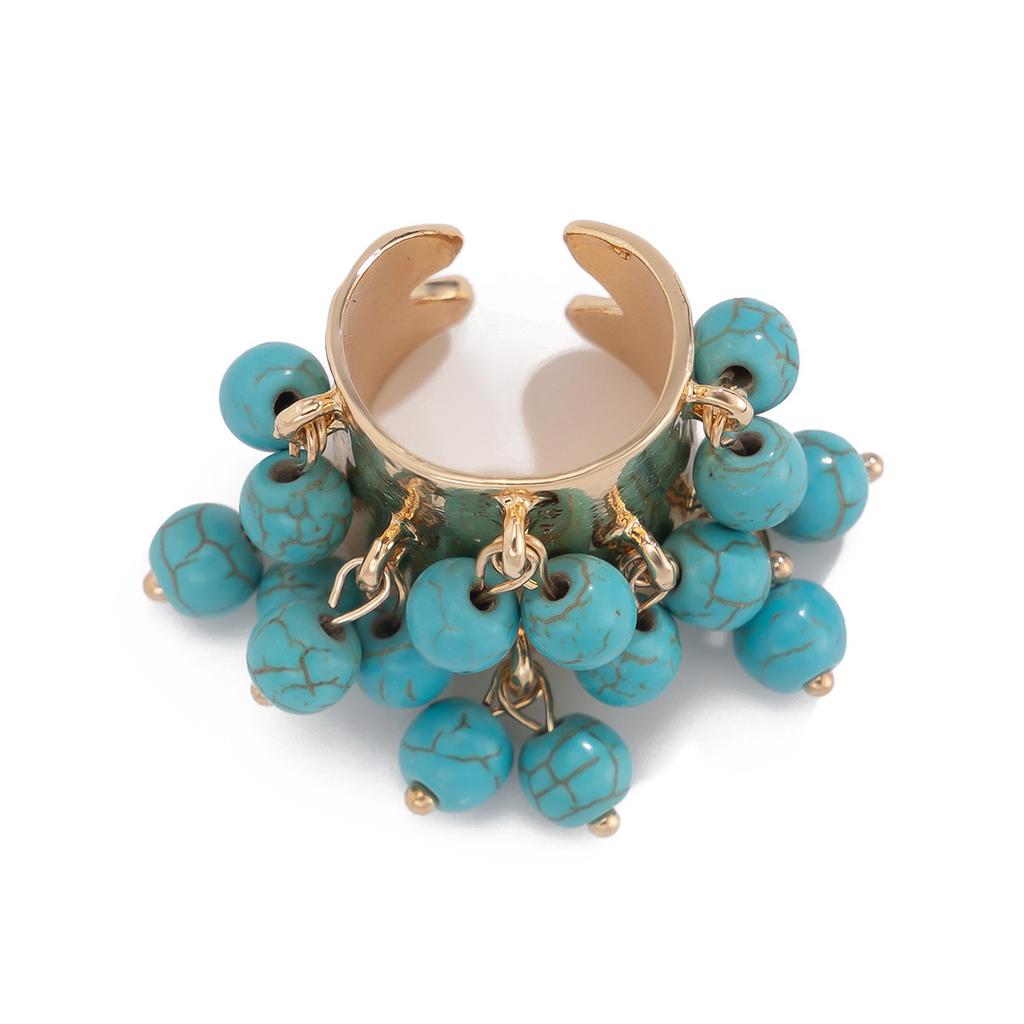 Exaggerated Retro Colored Gemstone Pearl Fringed Ring Female, Personalized Turquoise Love Ring Ring