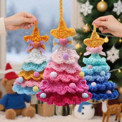 Cute Knitted Wool Christmas Tree Plush Pendant Crochet with Jingle Bell for Kindergarten Xmas Activity Decor Gift