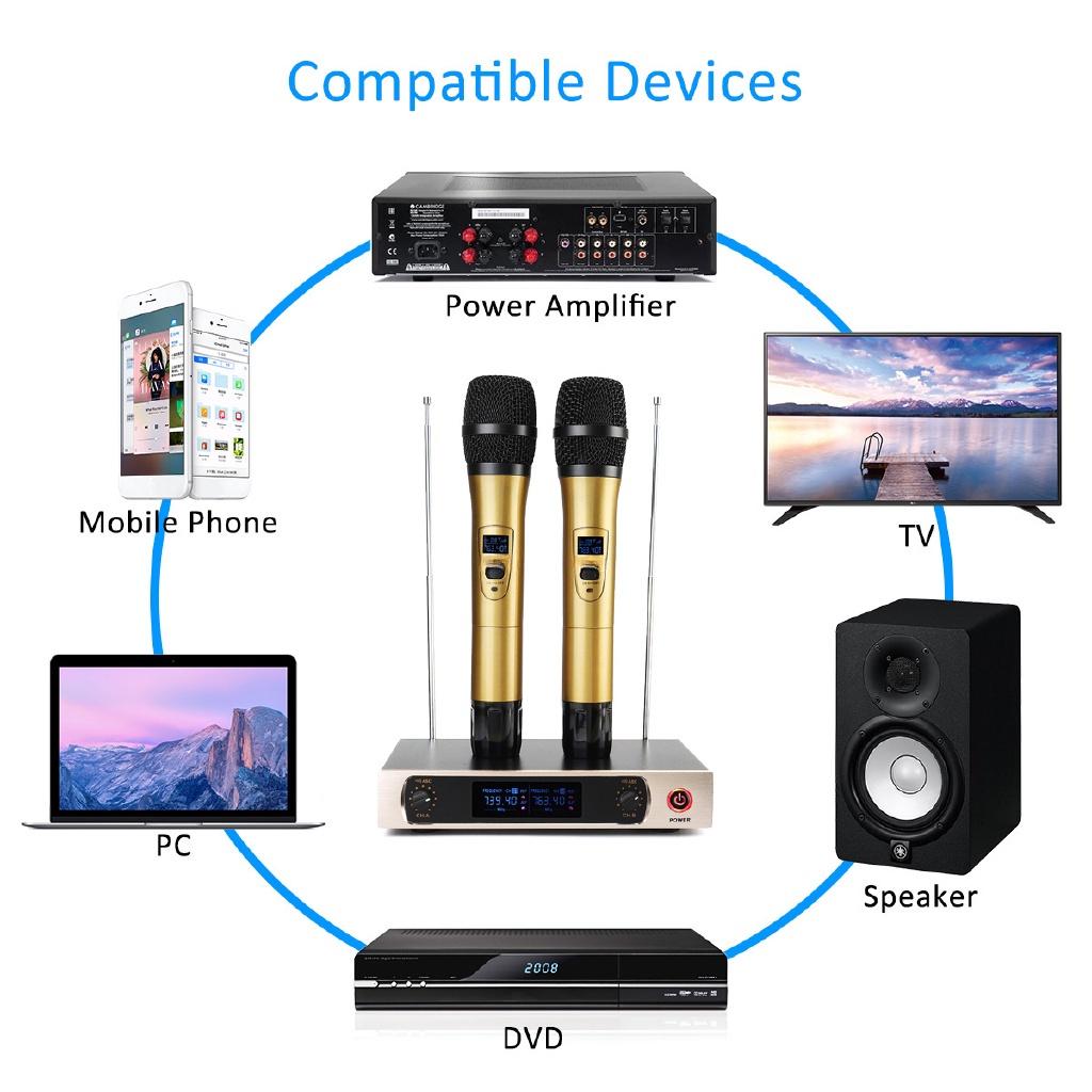 Black/Gold UHF Professional Wireless Microphones System  2Channel LCD Dual Cordless Handheld Mic Karaoke KTV Stage Party Speech