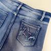 European and American Style Horse Embroidery High Waist Elastic Denim Straight Leg Pants for Women