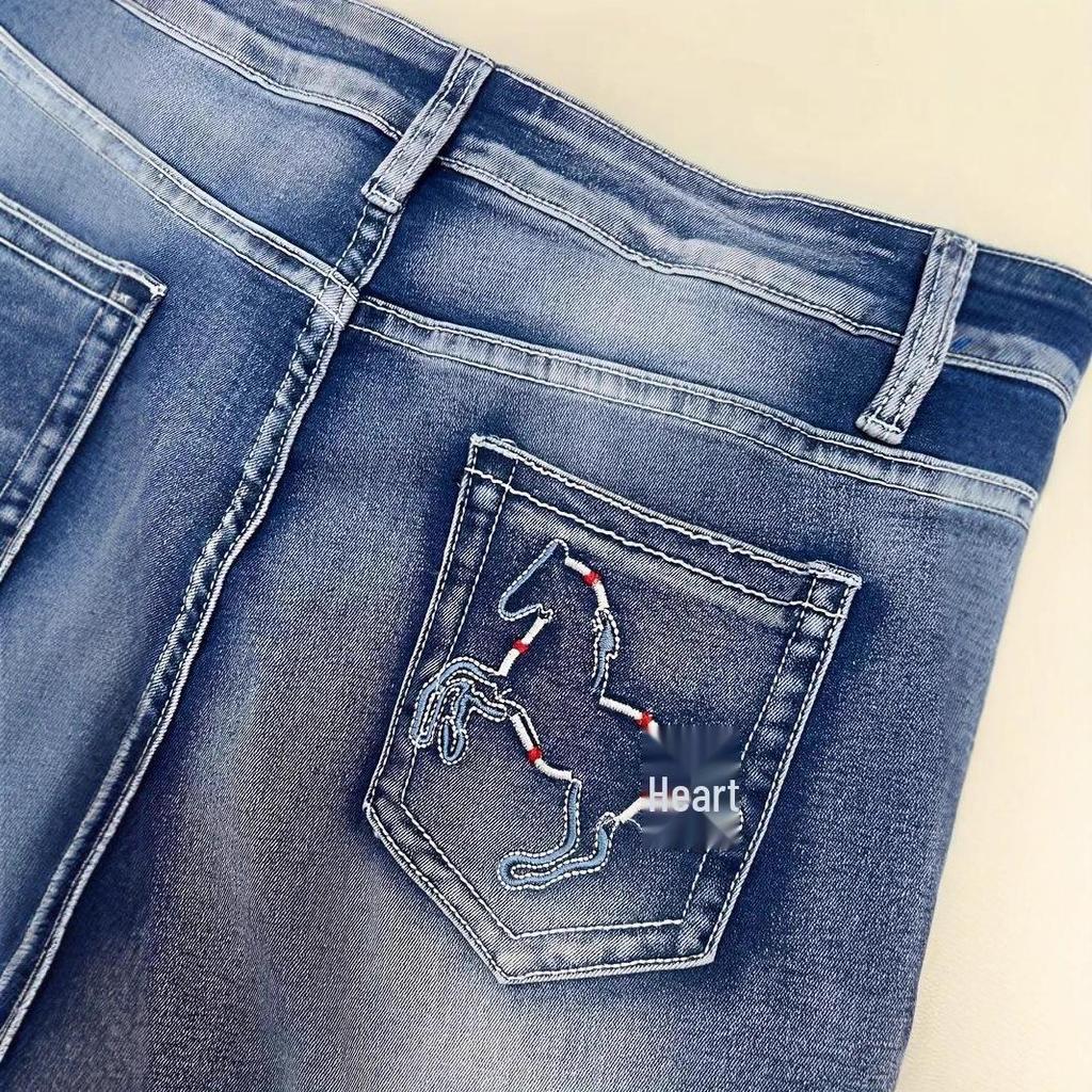 European and American Style Horse Embroidery High Waist Elastic Denim Straight Leg Pants for Women