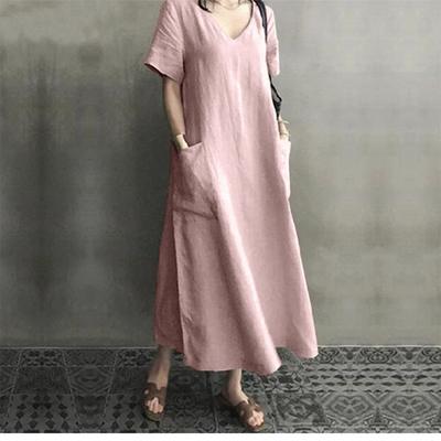 V-neck Slimming Big Pocket Short Sleeve Dress Loose Plus Size Dress Woman