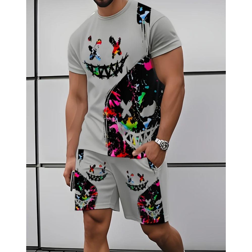 3D Demon Face Print Men Short Sleeve T-Shirt Shorts Two Piece Sets Hip Hop Trend Harajuku Streetwear Summer Casual Outfit