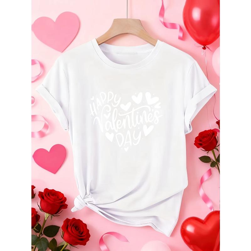 European Size Women's Valentine's Day Heart Print T-Shirt- Happy Valentine's Day Script Casual Short Sleeve Blouse,Spring Summer Fall Top, Comfortable