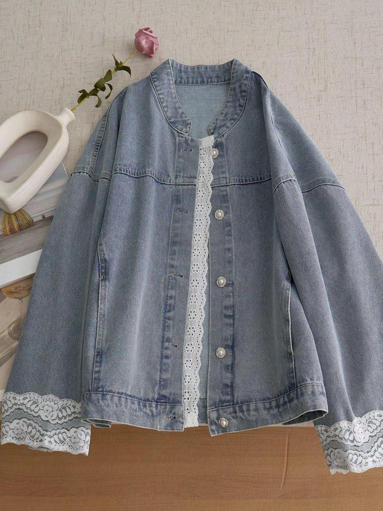 Women's Light Blue Denim Jacket with Lace Trim - Sweet Style, Stand Collar, Short Fit with Tag
