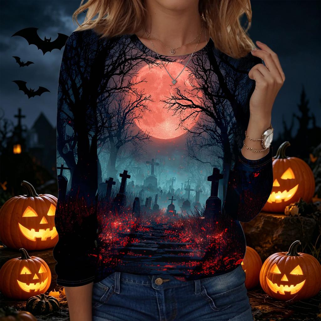 Women's Halloween Pullover Sweatshirt Long Sleeve Crewneck Top Casual Printed Lightweight Pullover Sweatshirt for Fall Seasonal Wear