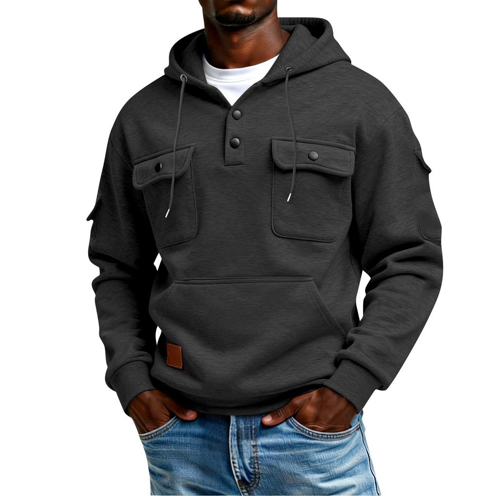 Men's Winter Solid Color Button-Down Collar Multi-Pocket Hoodie Men's Sports Plus Size Casual Sweatshirt