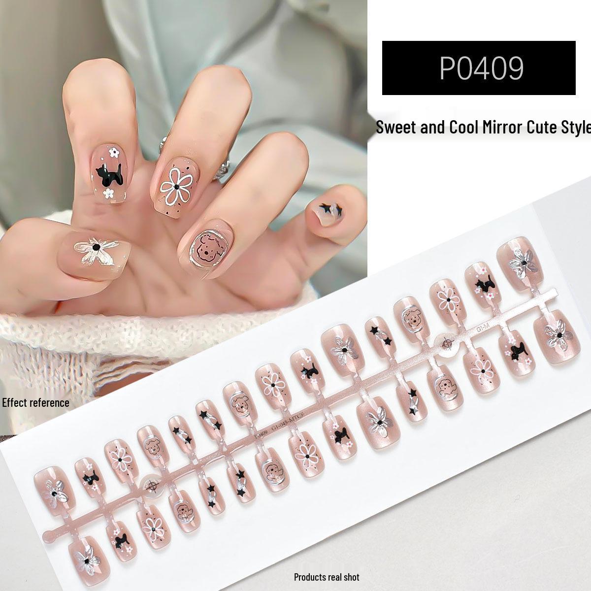 Sweet Cool Cat Eye & Rabbit Cartoons Nail Tips with Bow - Full Size, Wearable, Versatile, Cute Style for Daily Use