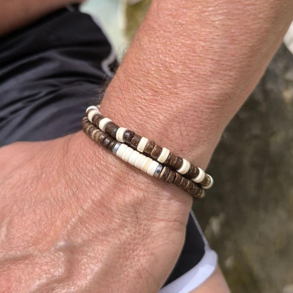 Natural Stone Wood Chip Coconut Shell Elastic Beaded Bracelet Set Retro Couple Beach Bracelet