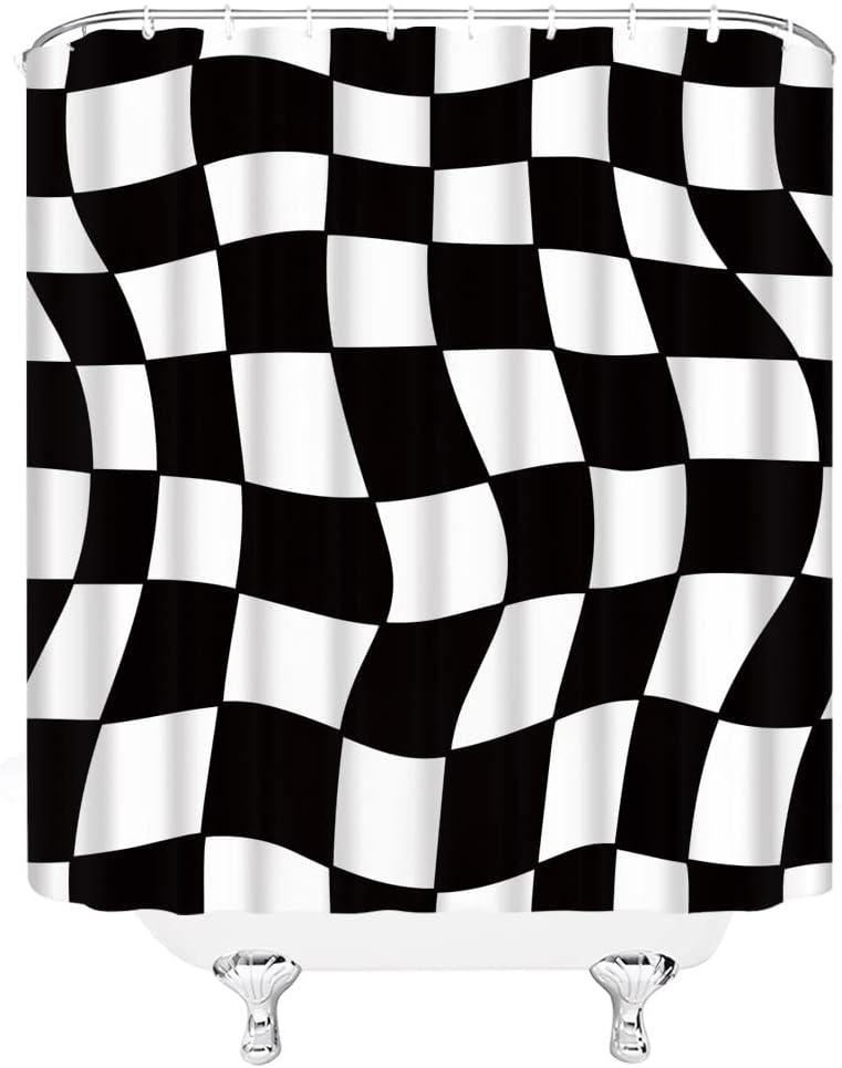 Black and White Checkered Shower Curtain Retro Funky Groovy Aesthetic Abstract Checkerboard 60s 70s Plaid Hippie Home Decor
