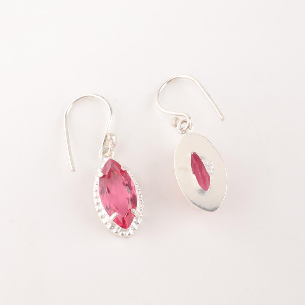 Natural Pink Tourmaline Gemstone 925 Sterling Silver Handmade Earrings 1.4" EE-169-9