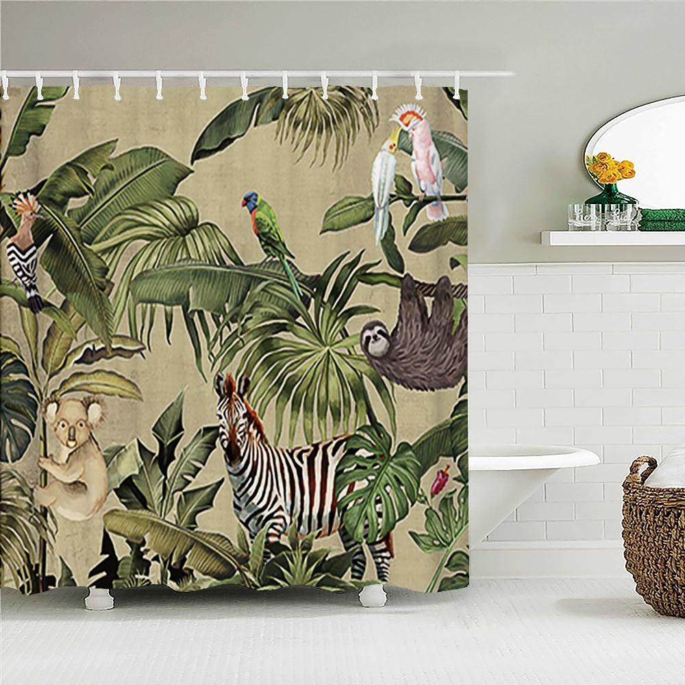 Tropical Leaves Palm Tree Bird Animals Pattern Shower Curtains Bathroom Curtain Waterproof Frabic Bath Bathroom Curtains