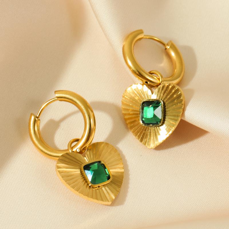 Stainless Steel Heart Love Green Crystal Pendant Necklace Earrings for Women Party Punk Jewelry Gift