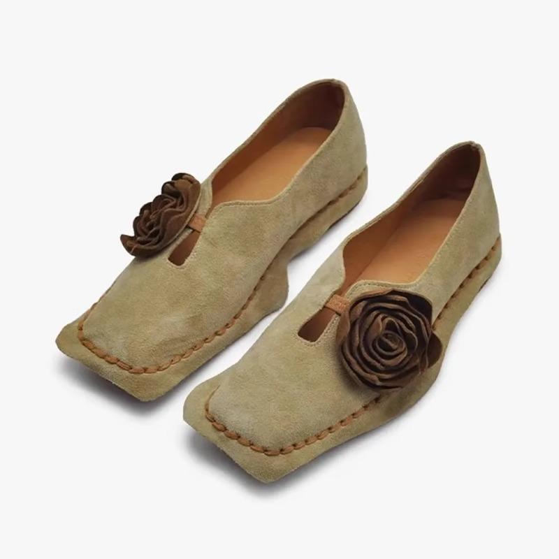 Car Stitch Flat Shoes Women's Spring Autumn Retro Niche Flower Square Toe Deep Mouth Soft Sole Single Shoes