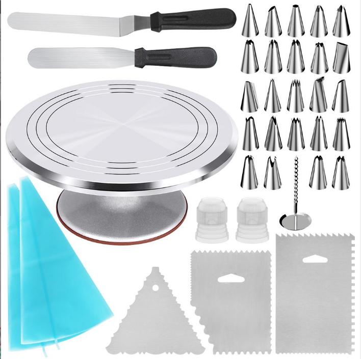 420 Piece Cake Decorating Supplies Set DIY Baking Tools Including Turntable Piping Spout Spatula All Stainless Steel