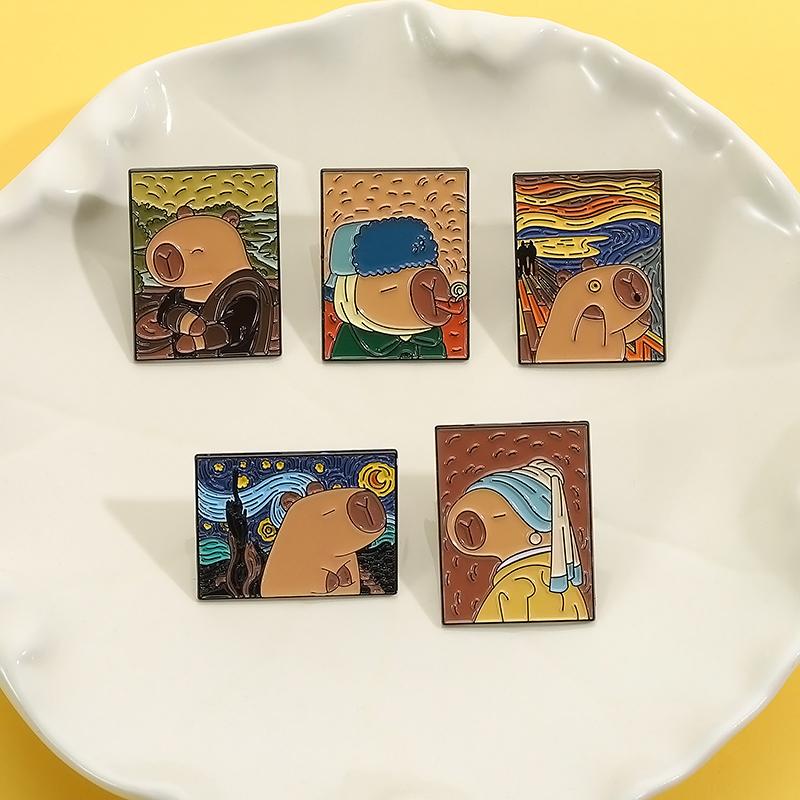 4-8PCS/SET Enamel Pins Custom Cute Capybara Oil Painting Brooches Lapel Badges Clothes Animal Jewelry Gift for Kids Friends