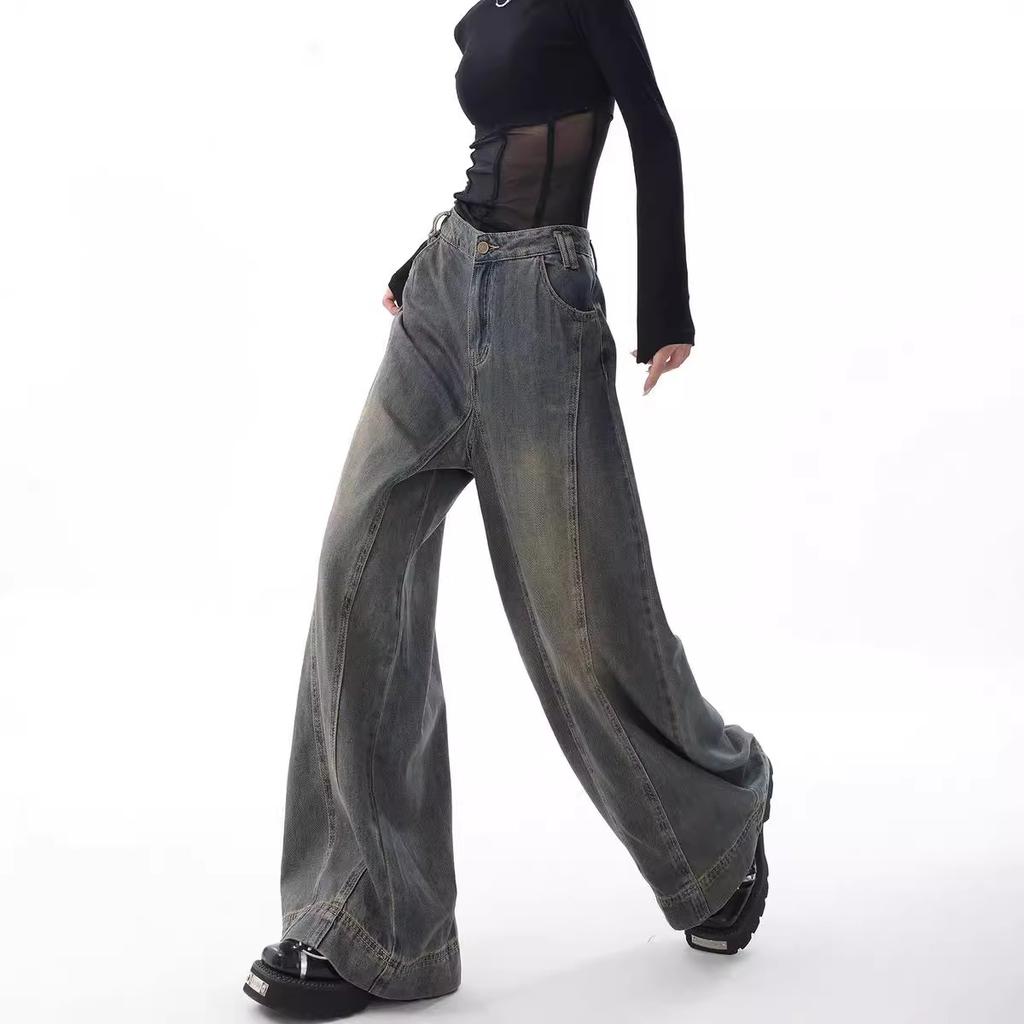 Spring and Autumn American Retro Washed Wide-leg Jeans Women's High-waist Mopping Pants Straight Pants