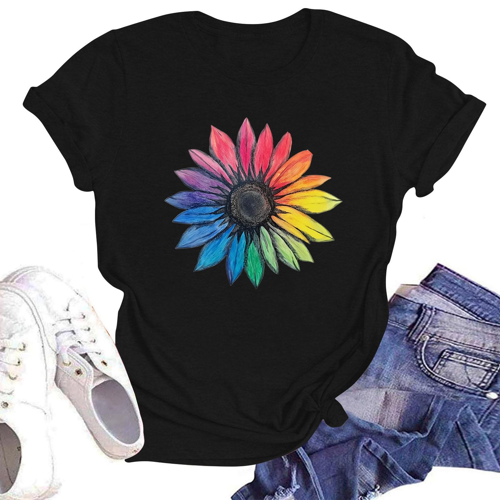 

Женская повседневная свободная футболка с принтом, круглый вырез, пуловер, короткий рукав, топ XL чёрный