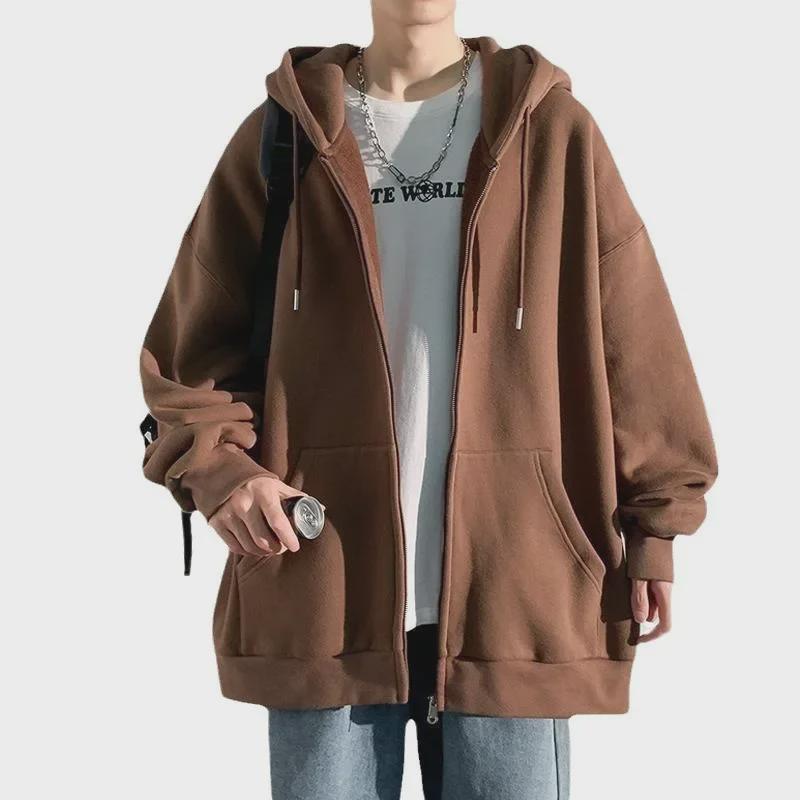 Men's Hong Kong Fashion Zip-Up Cardigan: Loose Hooded Jacket, Trendy Autumn Solid Color Top