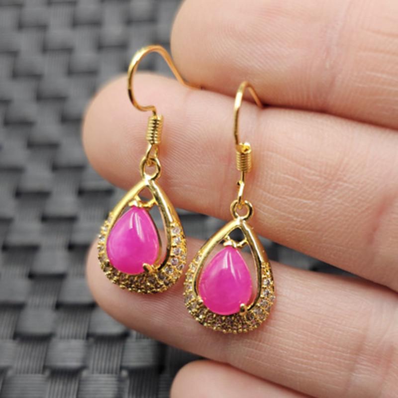 Peach Blossom Pink Water Drop Rhinestone Jade Earrings