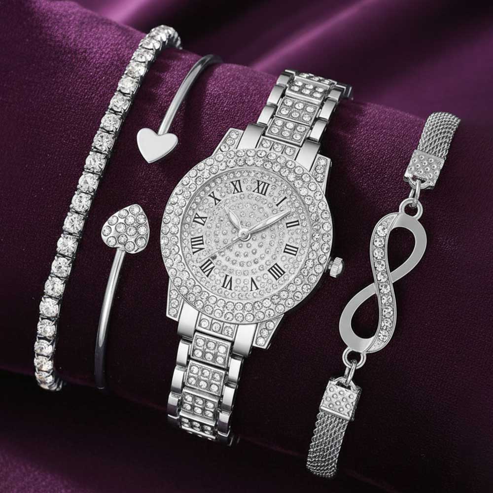 4-teiliges Luxus-Damenuhr-Set Trendige Mode mit Strasssteinen Römischen Ziffern Rundes Zifferblatt Quarz Uhr Armband-Set Perfektes Geschenk