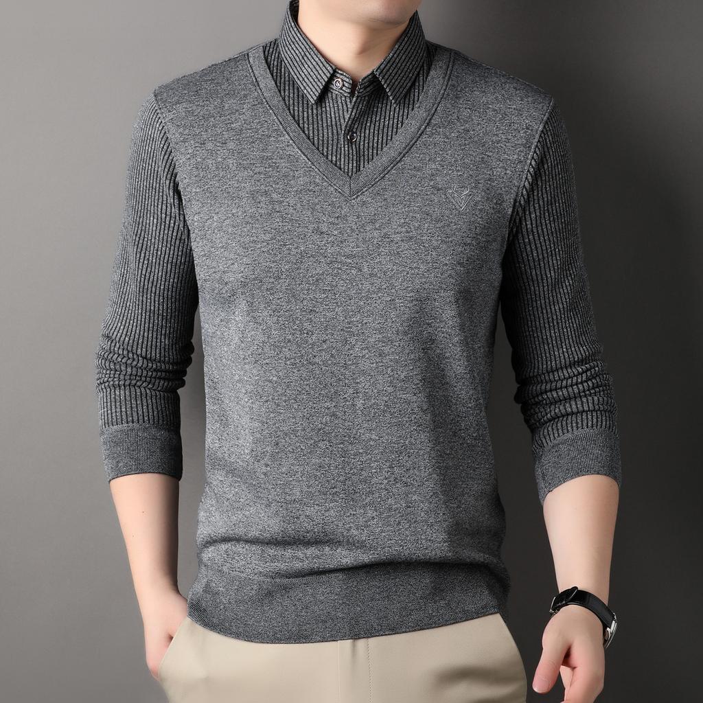 Male Autumn Knit Pullover Polo Shirts Shirt Collar Sweater Pullovers Men'S Business Casual Fashion Stripe Top Clothing