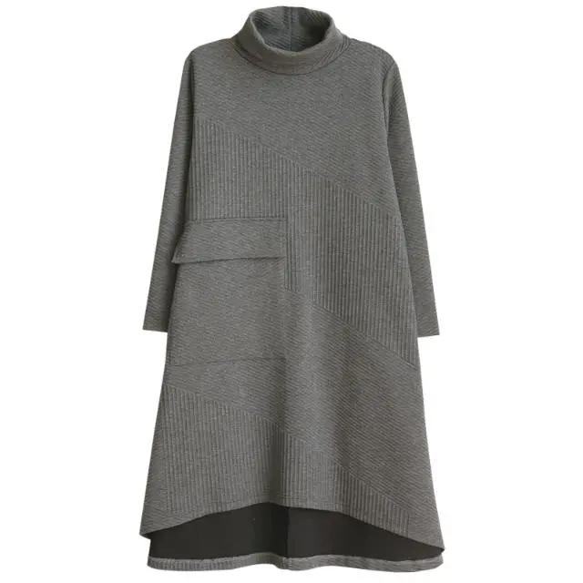 Retro Rollkragen Strickkleid Frühling Lang Überknie Dickes Innenfutter Unterrock Lockeres Temperament Langer Rock