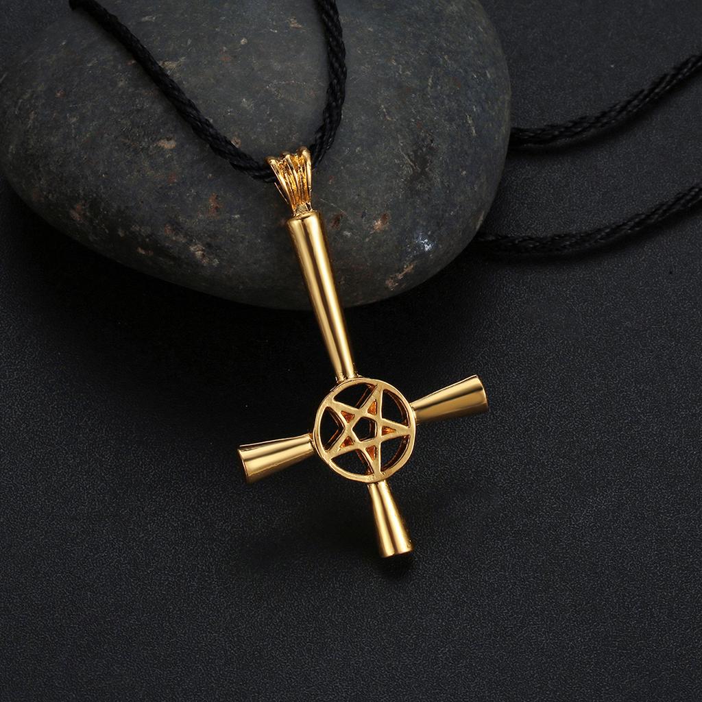 Kinitial Retro Inverted Pentagram Cross Necklaces Upside Down Lucifer Satan Satanic Symbol Pendant Necklace for Man Punk Jewelry