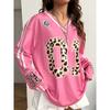 Europäischer und Amerikanischer Damen Street Style Heißes Leopardenmuster V-Ausschnitt T-Shirt, Mädchenhaft Vielseitig Lockere Passform Lässiges Sportliches Langarm Top