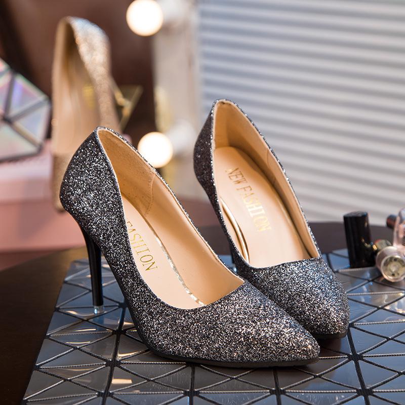

New British sequins pointed thin heels high heels shallow mouth sexy professional shoes four seasons women s single shoes hair 34 чорний