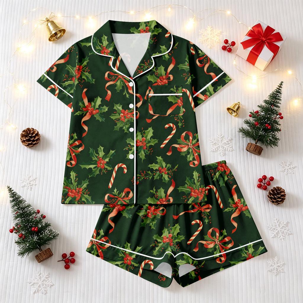 Women's Christmas Pajama Set with Short Sleeve Button Down Shirt and Pajama Shorts