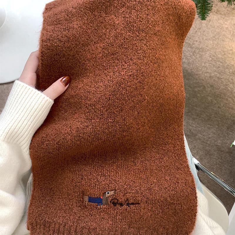 Korean Style Thickened Winter Puppy Embroidery Scarf - Warm, Versatile, Windproof Shawl for Women