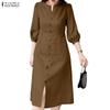 ZANZEA Women Casual V-Neck Solid Color 3/4 Sleeve Retro Dress