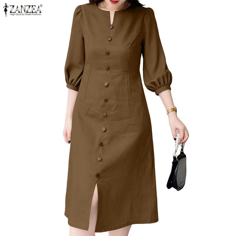 ZANZEA Women Casual V-Neck Solid Color 3/4 Sleeve Retro Dress