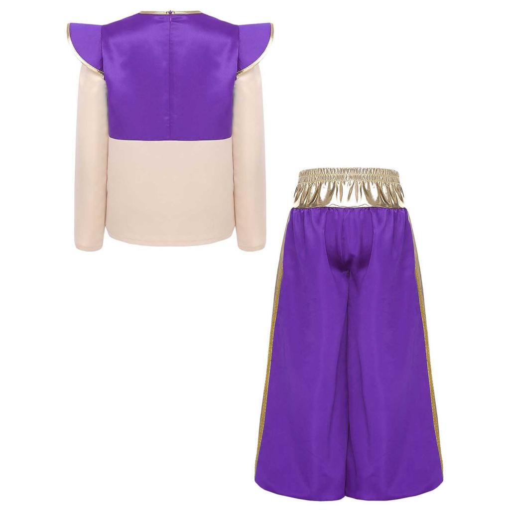 Boys Arabian Prince Costume Long Sleeve Fake Shirt Top Metallic Shiny Patchwork Contrast Color Harem Pants