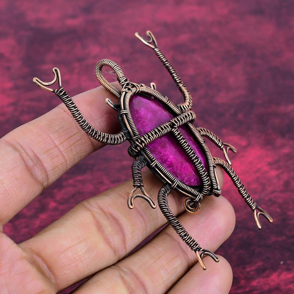 Faceted Kashmir Ruby Pendant Copper Wire Wrapped Jewelry Beetle Gemstone Pendant