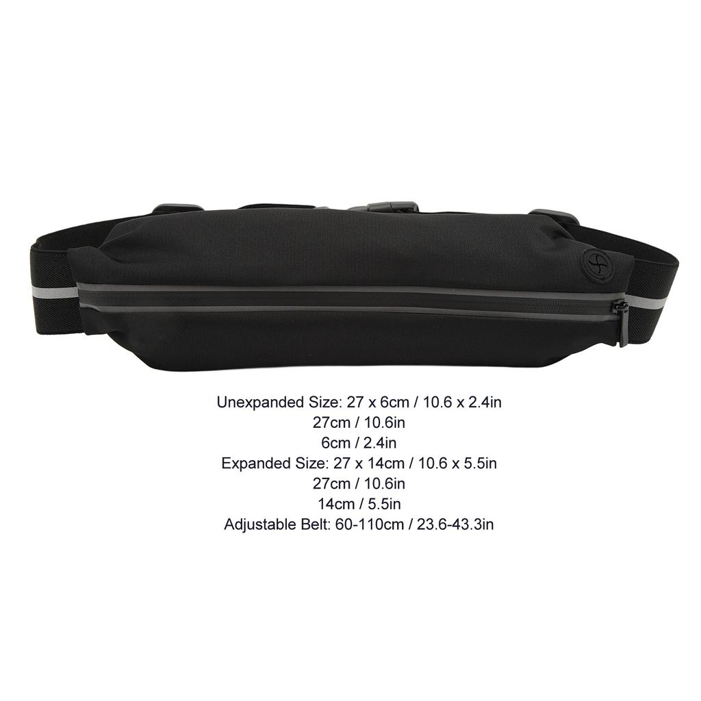Sports Waist Bag with Headphone Hole Waterproof Reflective Strip Waist Pouch Adjustable Elastic Band Black