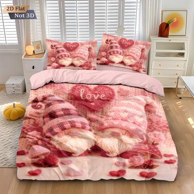 3pcs Valentine's Day Romantic Pink Heart-shaped Goblin Print Coreless Down Duvet Cover Set Multi Size Bedroom Bedding Decoration