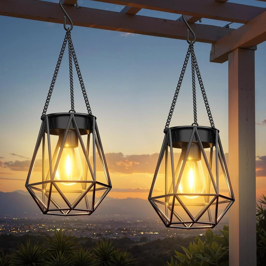 Solar Lights - 2 Pack Hanging Garden Lanterns,Metal Warm White Waterproof Outdoor Lanterns for Decoration,Pathway