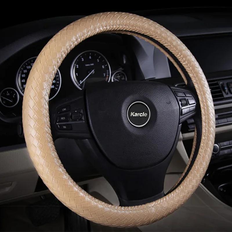 

Karcle PU Leather Car Steering Wheel Cover Wheel Sleeve Protector Weave Pattern Anti-Slip Universal 15 Inch Car Styling