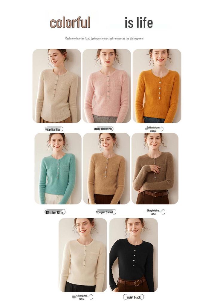 Women's Cashmere Ribbed Pullover Sweater – Round Neck with Buttons and Pockets, Autumn/Winter Collection