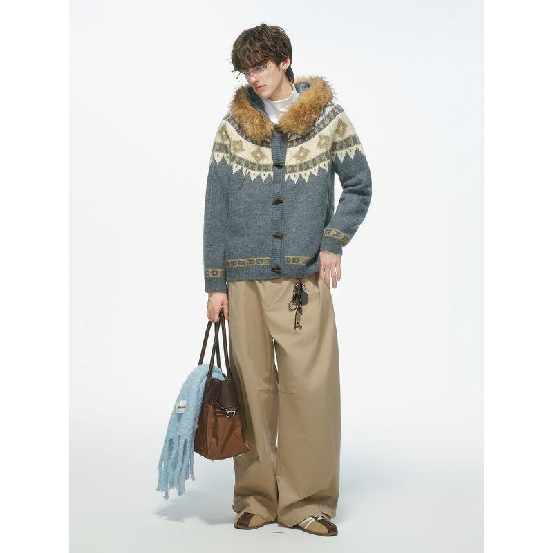 Dream Made Fur Collar Hooded Fair Isle Cardigan Sweater for Men, Autumn and Winter Thickened Couple Knitwear Jacket