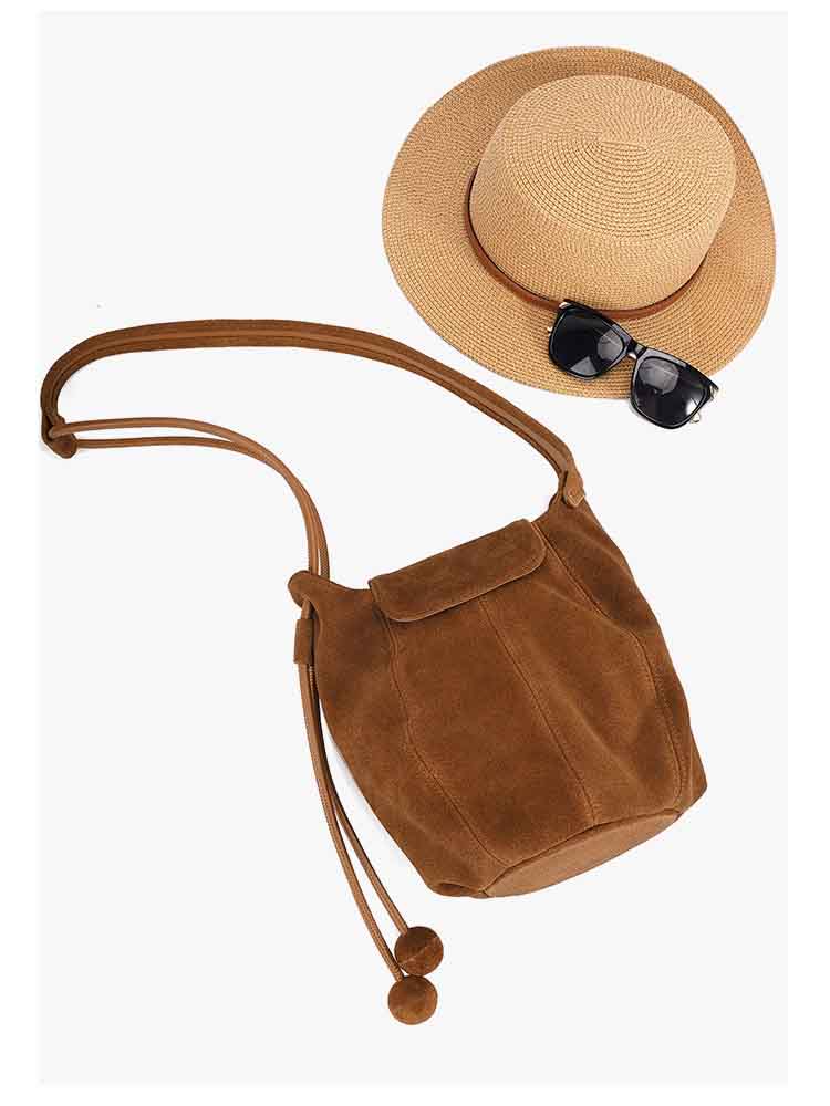 2026 Matte Suede Bucket Single-shoulder Bag for Women Vintage Simple Cow Leather Female Daily-use Purse Crossbody Bag Brown