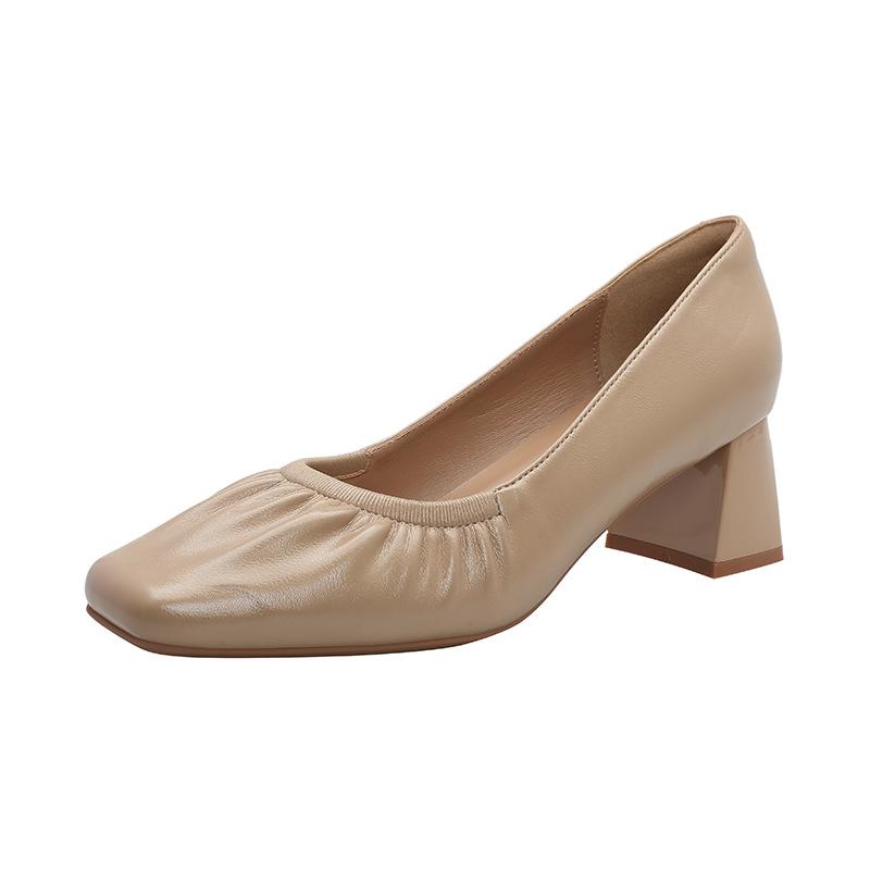 Ballet Style Pleated Soft Leather Thick Heel High Heels Are Not Tired Feet 2025 New Square Head Grandma Shoes Medium Heel Shallow Mouth Single Shoes