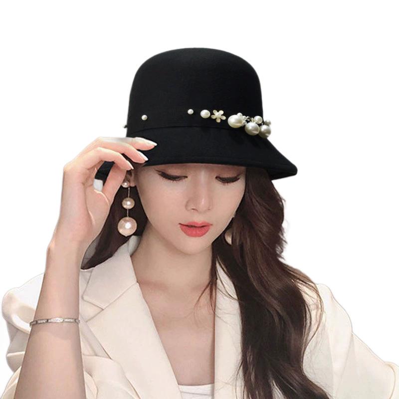 Autumn and winter new women's woolen top hat Hepburn style small brim basin hat pearl decoration French retro fashion shows small face
