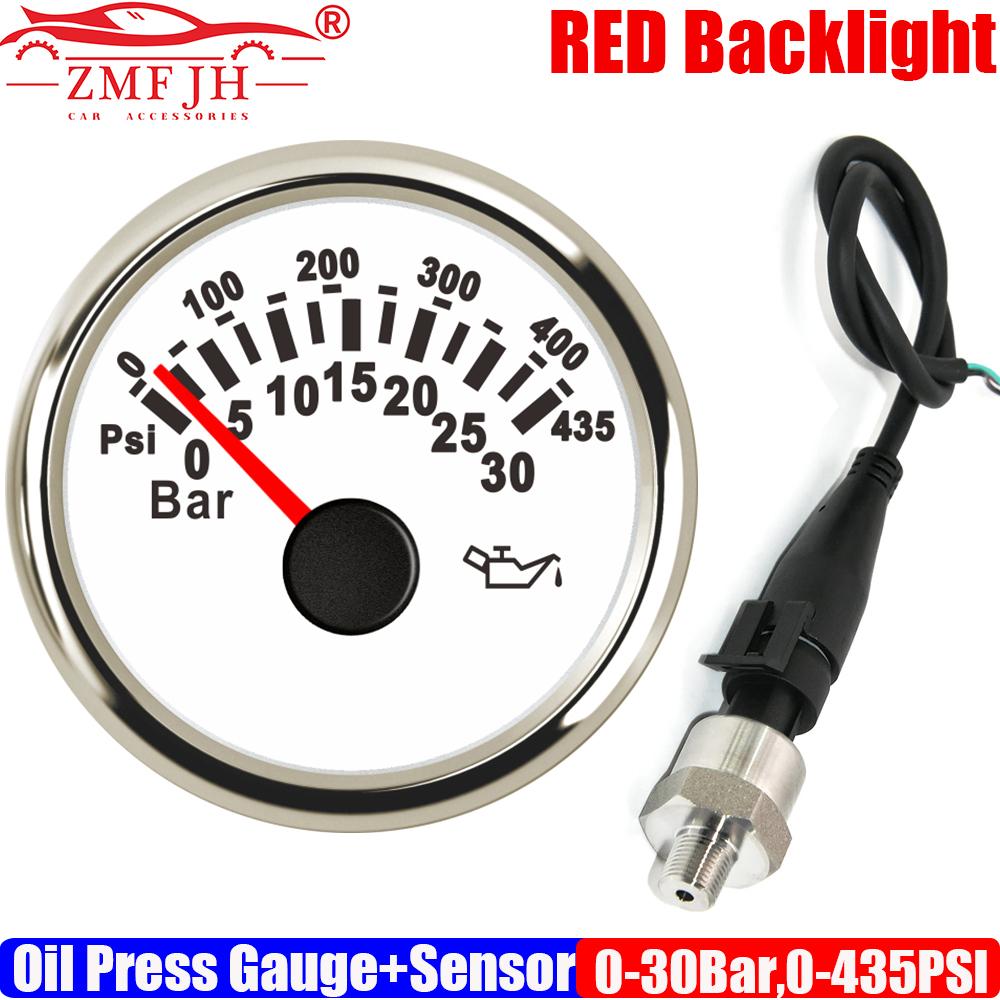 Red Backlight 0-30BAR,0-435PSI 52MM Oil Pressure Gauge with Electronic Pressure Sensor 1/8NPT for Marine Boat Yacht Auto Car