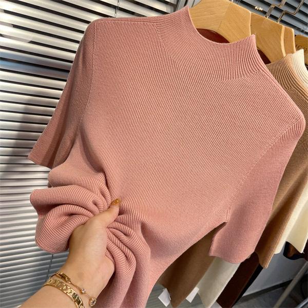 Spring and Autumn thin semi-turtleneck bottoming shirt women's half-sleeved knitted sweater new five-quarter-sleeved slim-fitting foreign-style medium