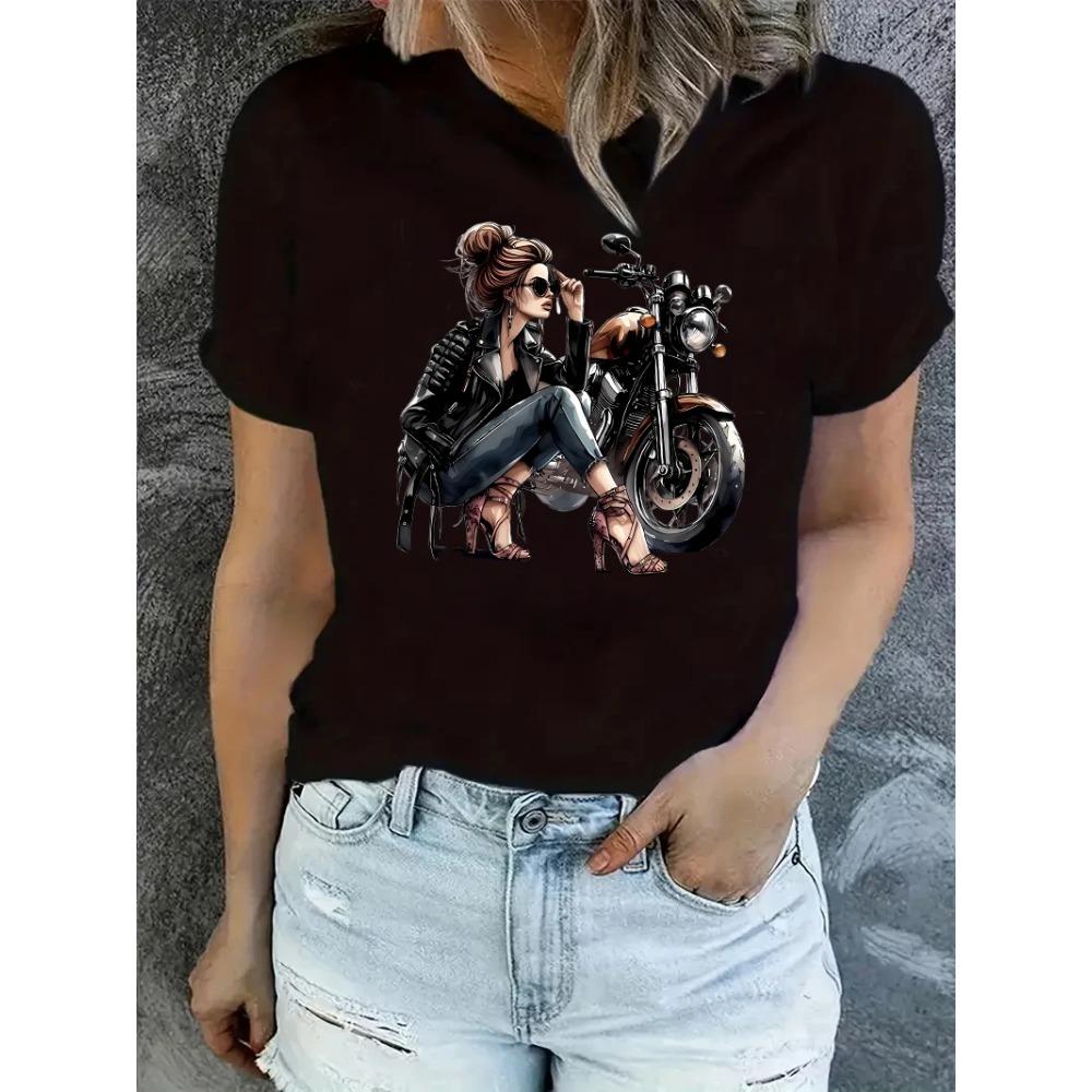 Retro Motorcycle Women Print T-shirt 2000s Gothic Women's Casual Short Sleeve T Shirt Clothing Top Tee
